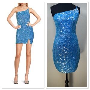 Midnight Doll One Shoulder Blue Sequin Mini Bodycon Dress S Mermaid Glam Prom